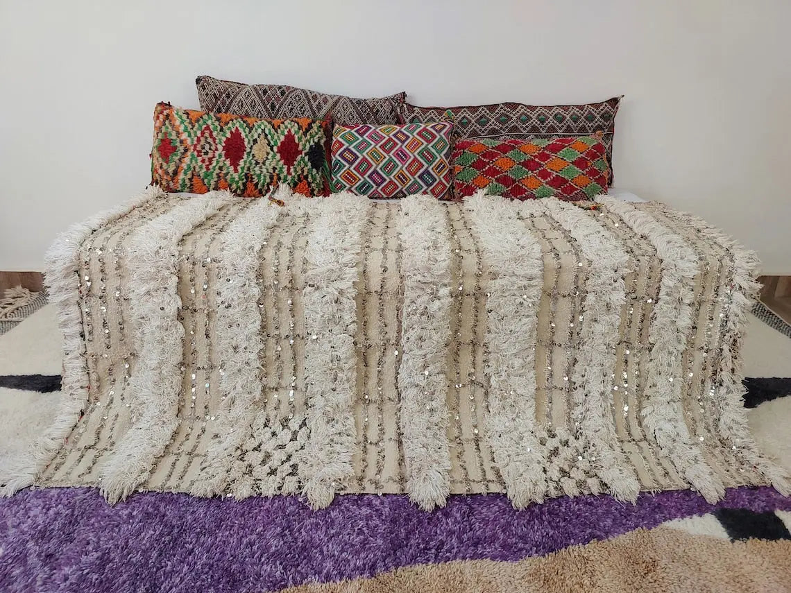 Wedding Blanket Moroccan Wool Cotton Throw With Sequins, Neutral Boho Berber Bed Cover Or Wall Tapestry Decor MoroccanBazzArts