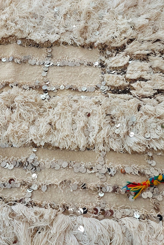 Wedding Blanket Moroccan Wool Cotton Throw With Sequins, Neutral Boho Berber Bed Cover Or Wall Tapestry Decor MoroccanBazzArts
