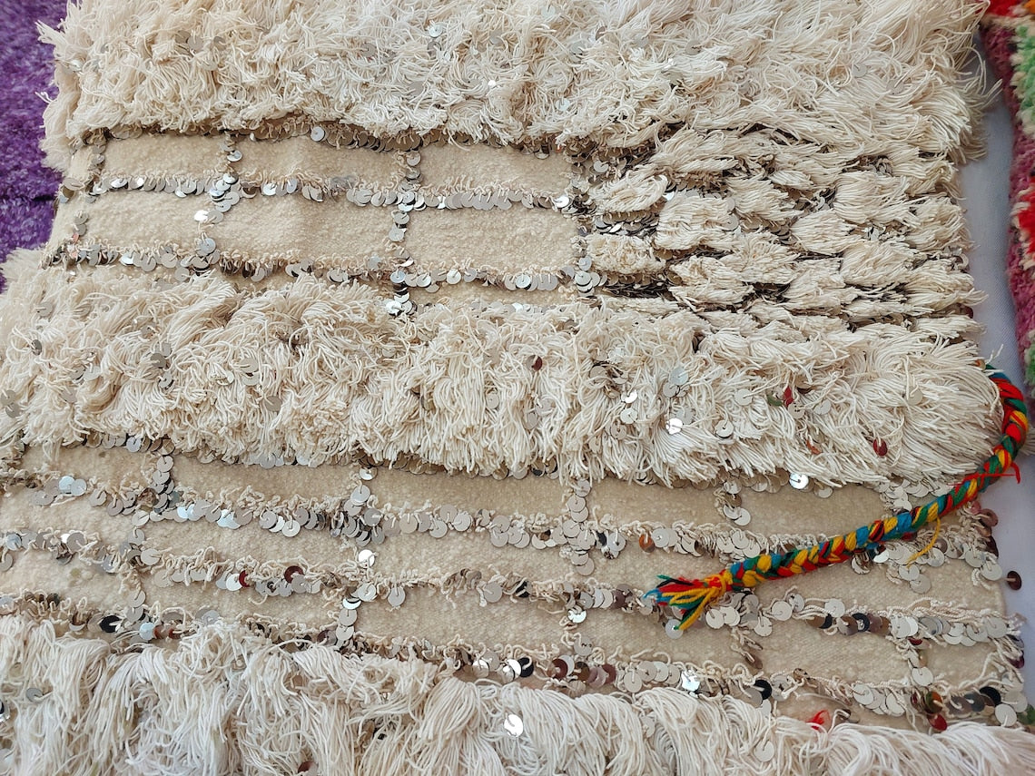 Wedding Blanket Moroccan Wool Cotton Throw With Sequins, Neutral Boho Berber Bed Cover Or Wall Tapestry Decor MoroccanBazzArts