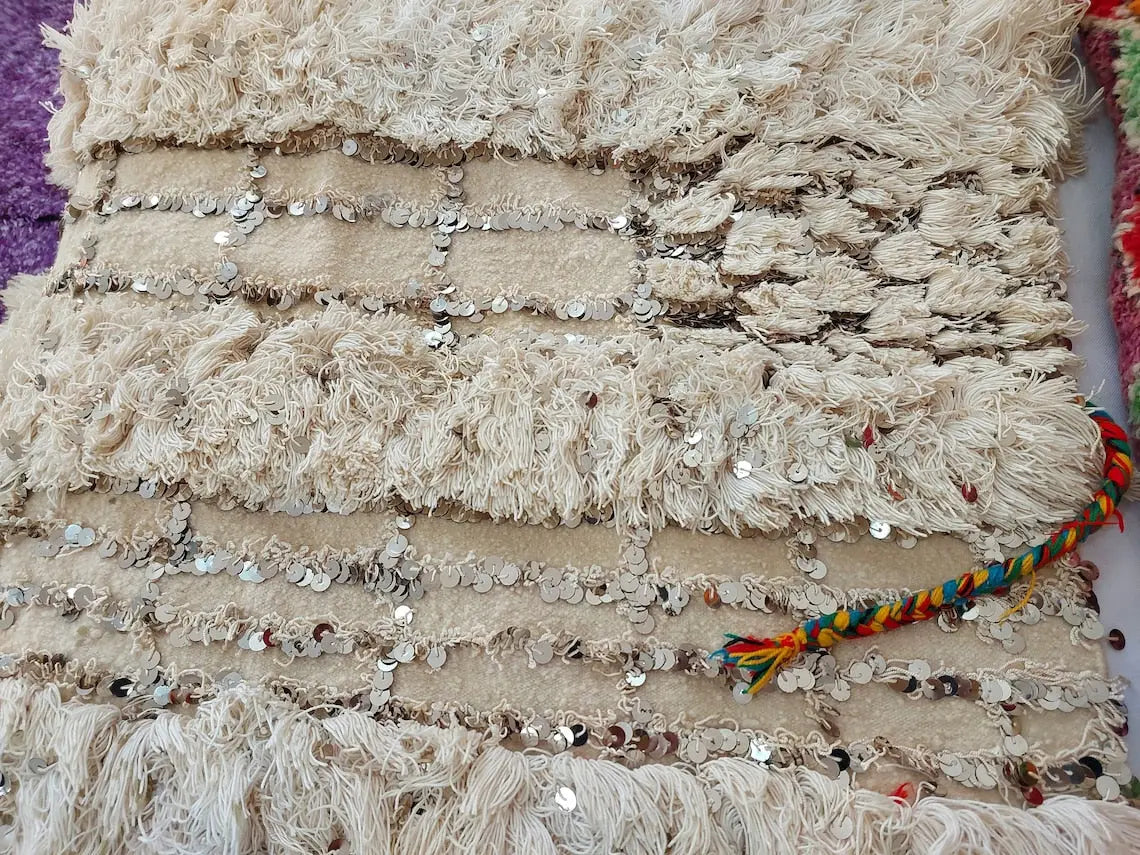 Wedding Blanket Moroccan Wool Cotton Throw With Sequins, Neutral Boho Berber Bed Cover Or Wall Tapestry Decor MoroccanBazzArts