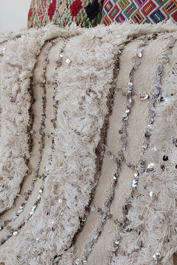 Wedding Blanket Moroccan Wool Cotton Throw With Sequins, Neutral Boho Berber Bed Cover Or Wall Tapestry Decor MoroccanBazzArts