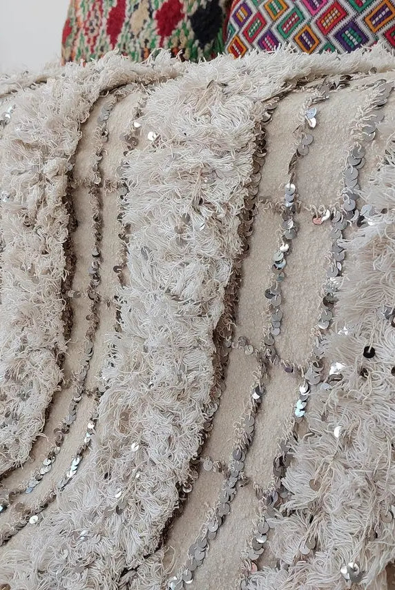 Wedding Blanket Moroccan Wool Cotton Throw With Sequins, Neutral Boho Berber Bed Cover Or Wall Tapestry Decor MoroccanBazzArts