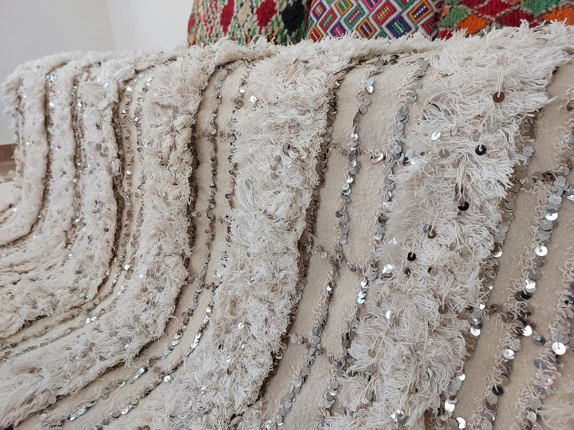 Wedding Blanket Moroccan Wool Cotton Throw With Sequins, Neutral Boho Berber Bed Cover Or Wall Tapestry Decor MoroccanBazzArts