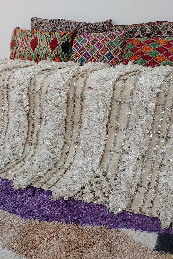 Wedding Blanket Moroccan Wool Cotton Throw With Sequins, Neutral Boho Berber Bed Cover Or Wall Tapestry Decor MoroccanBazzArts