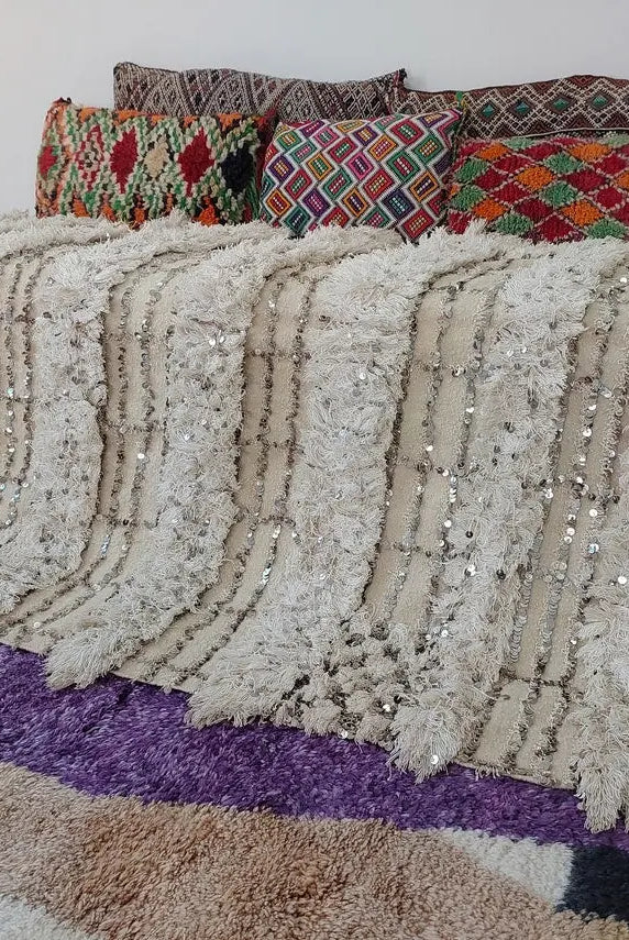 Wedding Blanket Moroccan Wool Cotton Throw With Sequins, Neutral Boho Berber Bed Cover Or Wall Tapestry Decor MoroccanBazzArts