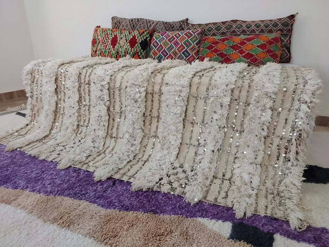 Wedding Blanket Moroccan Wool Cotton Throw With Sequins, Neutral Boho Berber Bed Cover Or Wall Tapestry Decor MoroccanBazzArts