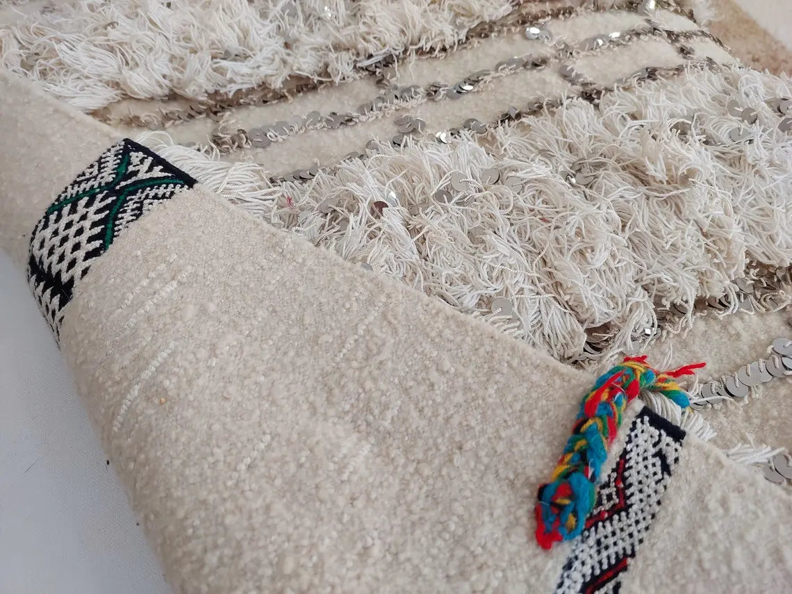 Wedding Blanket Moroccan Wool Cotton Throw With Sequins, Neutral Boho Berber Bed Cover Or Wall Tapestry Decor MoroccanBazzArts