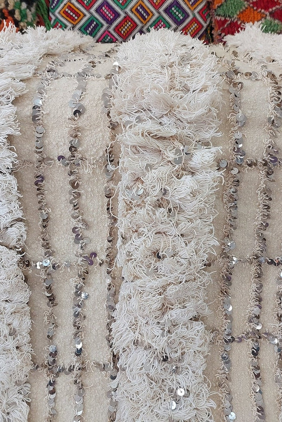 Wedding Blanket Moroccan Wool Cotton Throw With Sequins, Neutral Boho Berber Bed Cover Or Wall Tapestry Decor MoroccanBazzArts