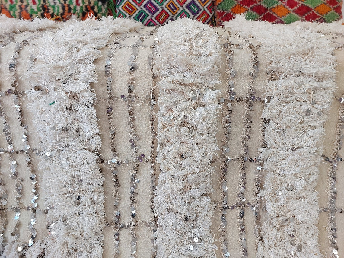 Wedding Blanket Moroccan Wool Cotton Throw With Sequins, Neutral Boho Berber Bed Cover Or Wall Tapestry Decor MoroccanBazzArts
