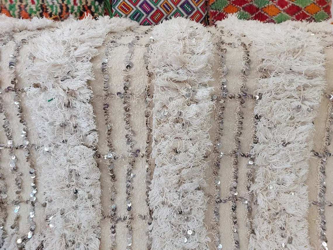 Wedding Blanket Moroccan Wool Cotton Throw With Sequins, Neutral Boho Berber Bed Cover Or Wall Tapestry Decor MoroccanBazzArts
