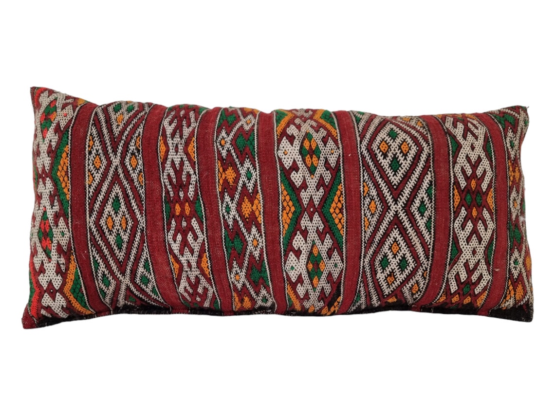Authentic Vintage Moroccan Berber Lumbar Pillow - Handmade Bohemian Double-Sided Cushion Cover 12x26 MoroccanBazzArts
