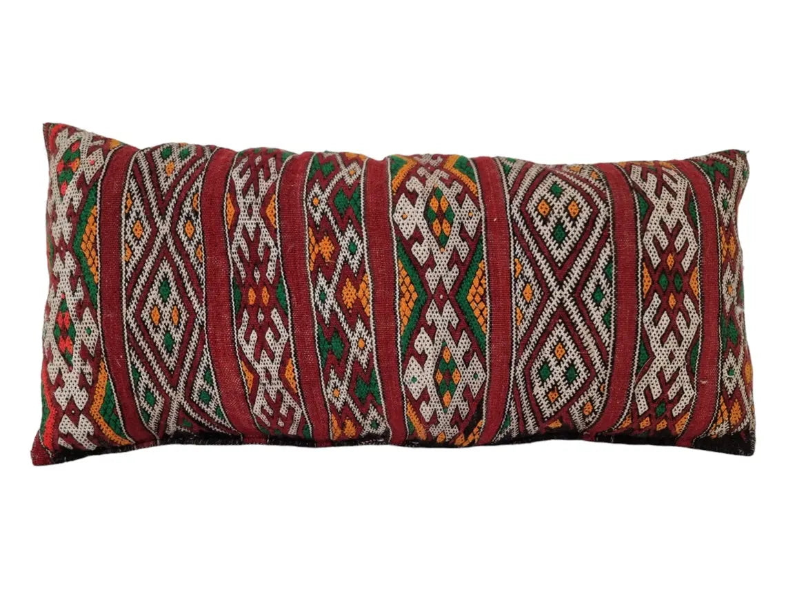 Authentic Vintage Moroccan Berber Lumbar Pillow - Handmade Bohemian Double-Sided Cushion Cover 12x26 MoroccanBazzArts