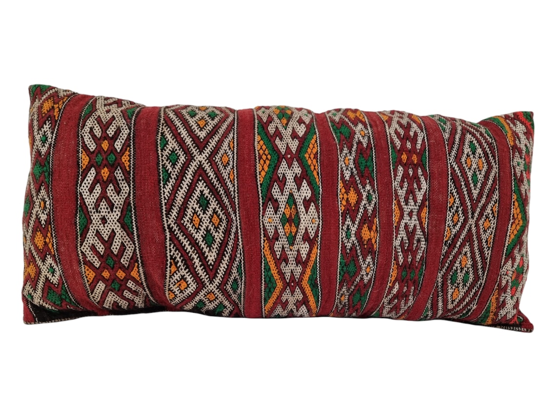 Authentic Vintage Moroccan Berber Lumbar Pillow - Handmade Bohemian Double-Sided Cushion Cover 12x26 MoroccanBazzArts