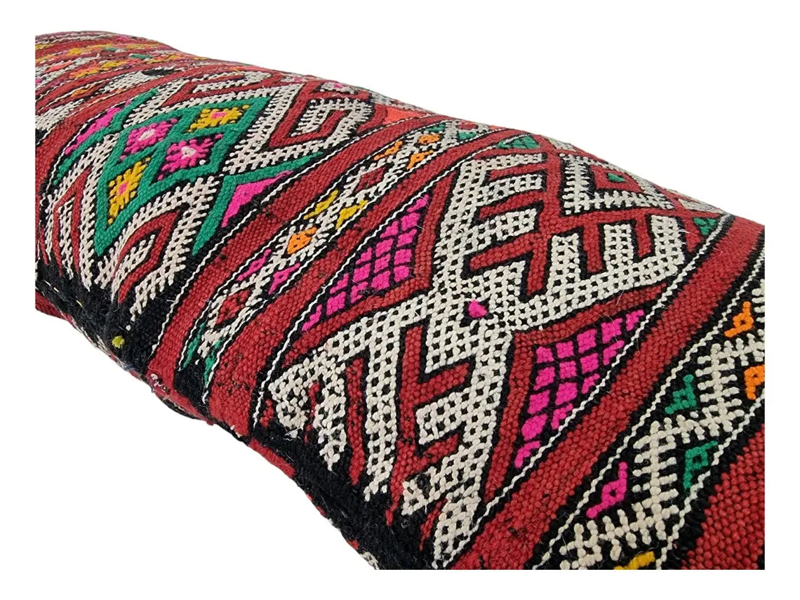 Stunning Vintage Moroccan Lumbar Pillow - Handmade Berber Cushion - Double Sided Berber Lumbar Case - Authentic Bohemian Pillow. 13x37 Inch MoroccanBazzArts