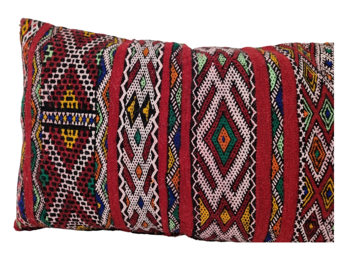 Stunning Vintage Moroccan Lumbar Pillow - Handmade Berber Cushion - Double Sided Berber Lumbar Case - Authentic Bohemian Pillow. 14x35 Inch MoroccanBazzArts