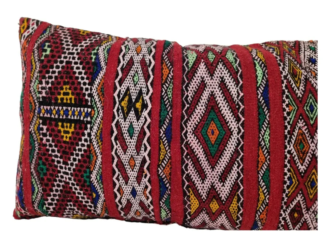 Stunning Vintage Moroccan Lumbar Pillow - Handmade Berber Cushion - Double Sided Berber Lumbar Case - Authentic Bohemian Pillow. 14x35 Inch MoroccanBazzArts