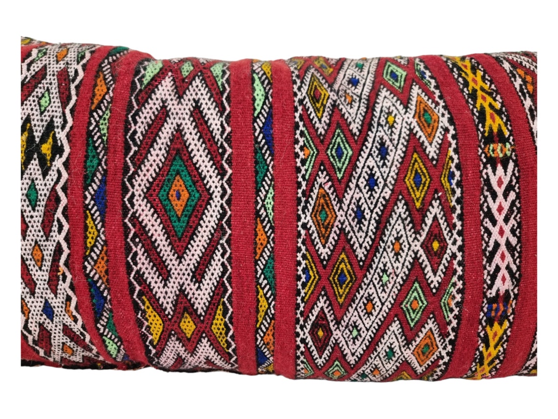 Stunning Vintage Moroccan Lumbar Pillow - Handmade Berber Cushion - Double Sided Berber Lumbar Case - Authentic Bohemian Pillow. 14x35 Inch MoroccanBazzArts