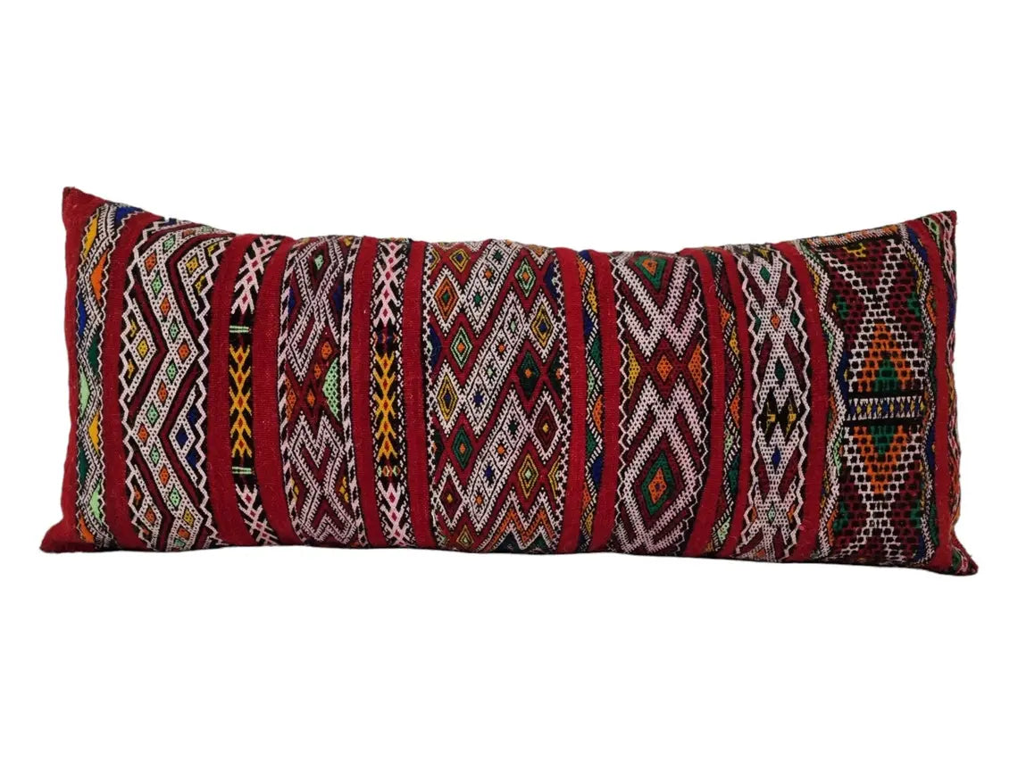 Stunning Vintage Moroccan Lumbar Pillow - Handmade Berber Cushion - Double Sided Berber Lumbar Case - Authentic Bohemian Pillow. 14x35 Inch MoroccanBazzArts