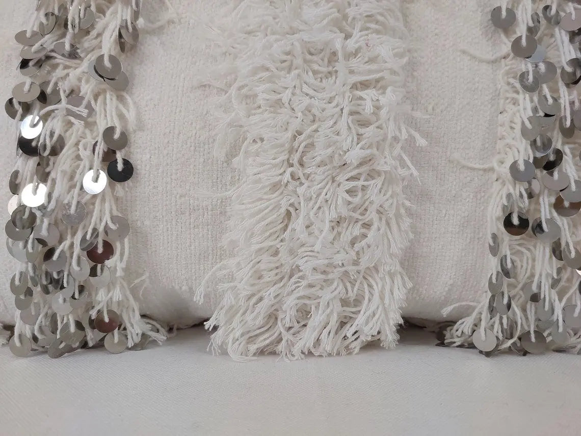 Boho Wedding Decor Pillow: Cream Wool Cotton Moroccan Fringe Cushion Cover MoroccanBazzArts