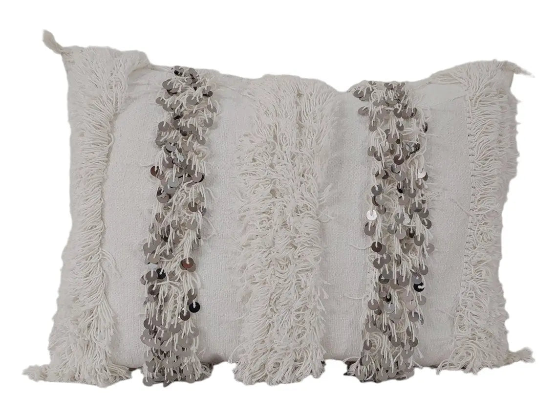 Boho Wedding Decor Pillow: Cream Wool Cotton Moroccan Fringe Cushion Cover MoroccanBazzArts