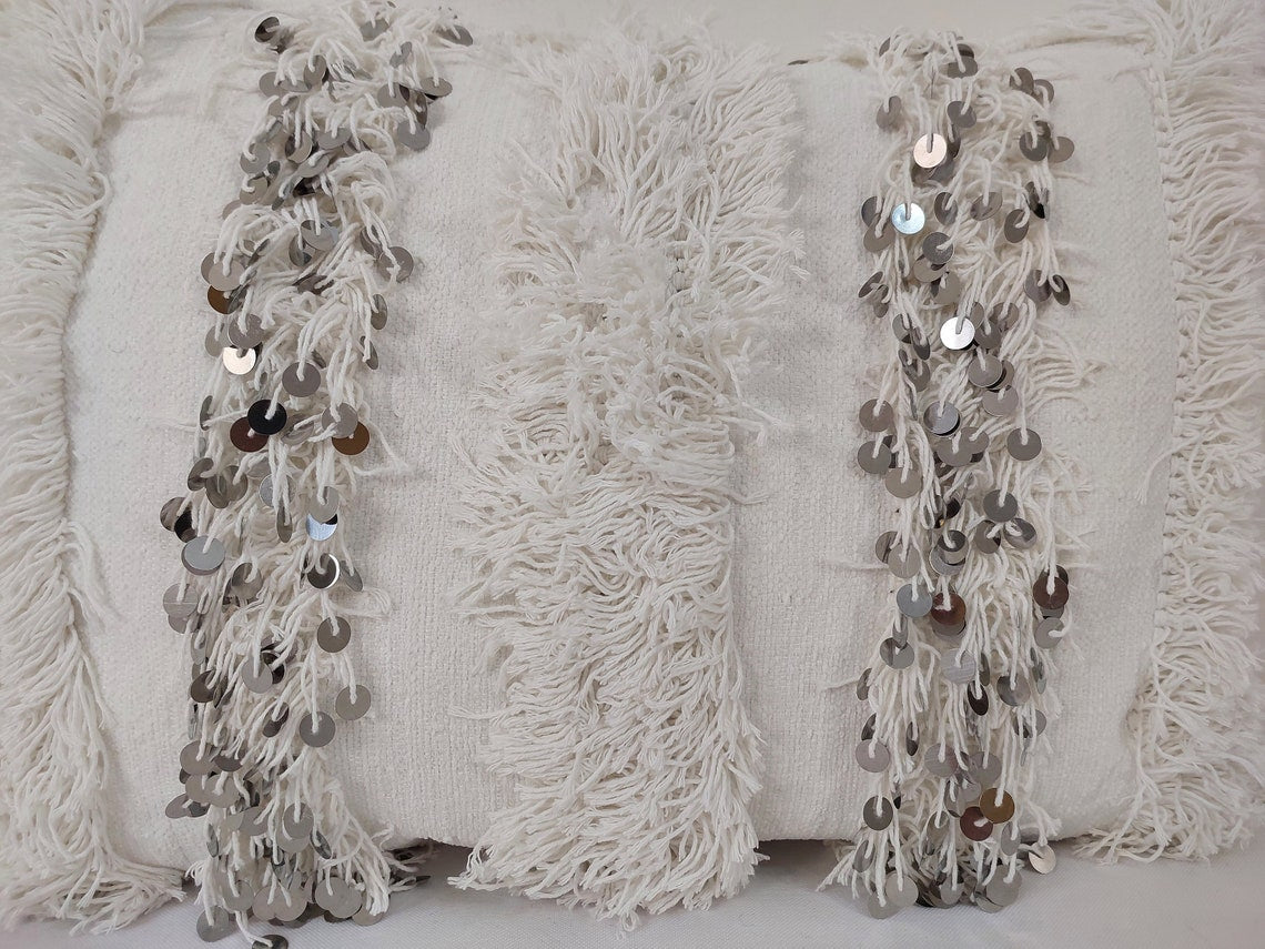 Boho Wedding Decor Pillow: Cream Wool Cotton Moroccan Fringe Cushion Cover MoroccanBazzArts