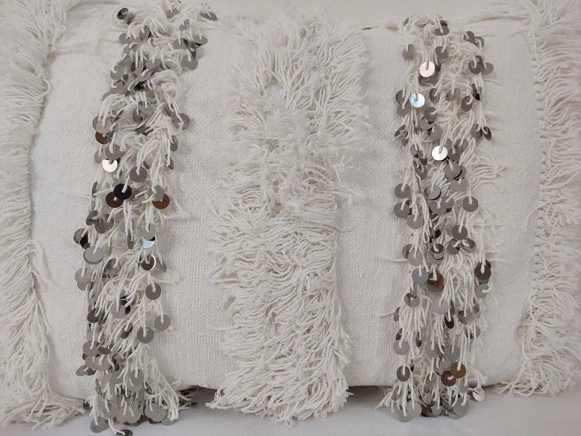 Boho Wedding Decor Pillow: Cream Wool Cotton Moroccan Fringe Cushion Cover MoroccanBazzArts