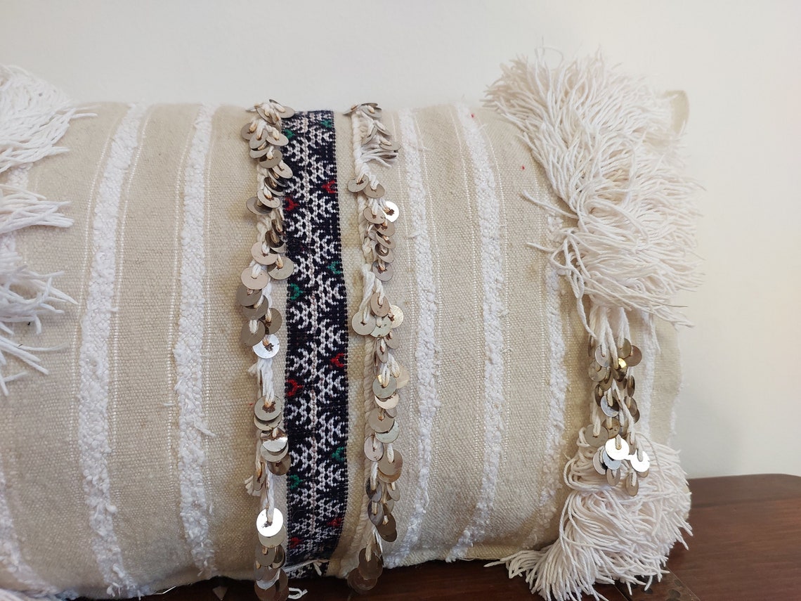 Handmade From Authentic Berber Wedding Blanket, Handira Lumbar Pillow Case. Vintage Handira Lounge Pillow Case. 13"×31" MoroccanBazzArts