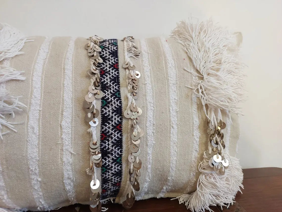 Handmade From Authentic Berber Wedding Blanket, Handira Lumbar Pillow Case. Vintage Handira Lounge Pillow Case. 13"×31" MoroccanBazzArts