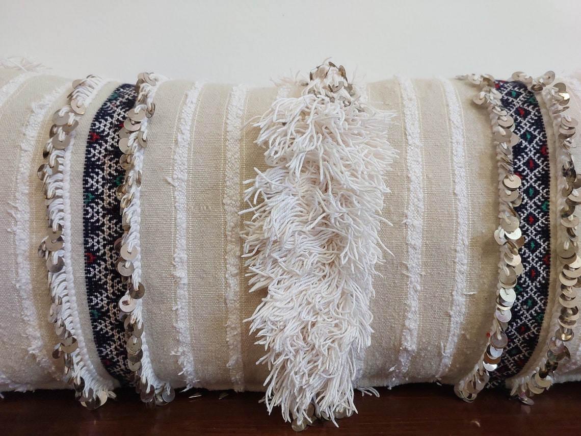 Handmade From Authentic Berber Wedding Blanket, Handira Lumbar Pillow Case. Vintage Handira Lounge Pillow Case. 13"×31" MoroccanBazzArts