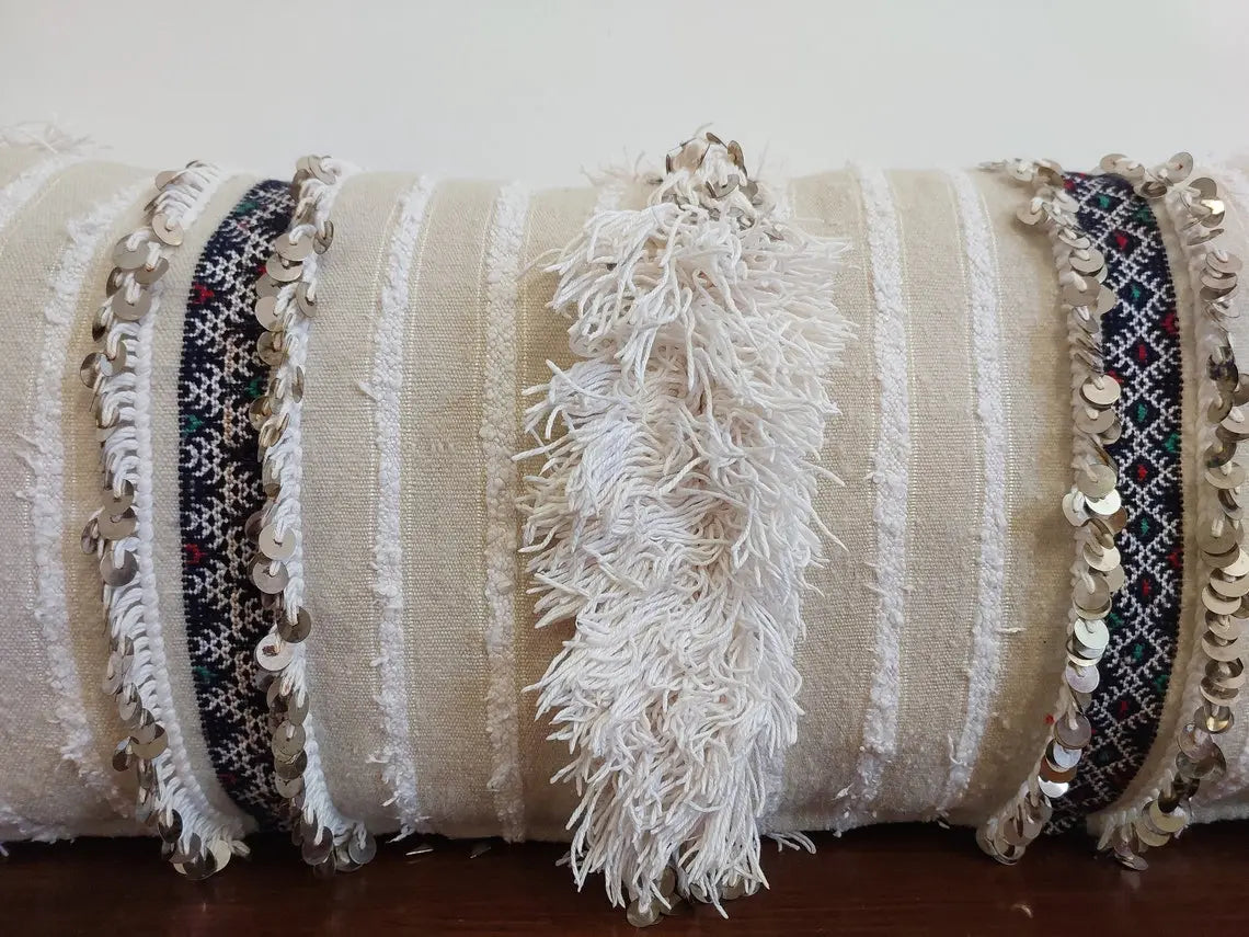 Handmade From Authentic Berber Wedding Blanket, Handira Lumbar Pillow Case. Vintage Handira Lounge Pillow Case. 13"×31" MoroccanBazzArts