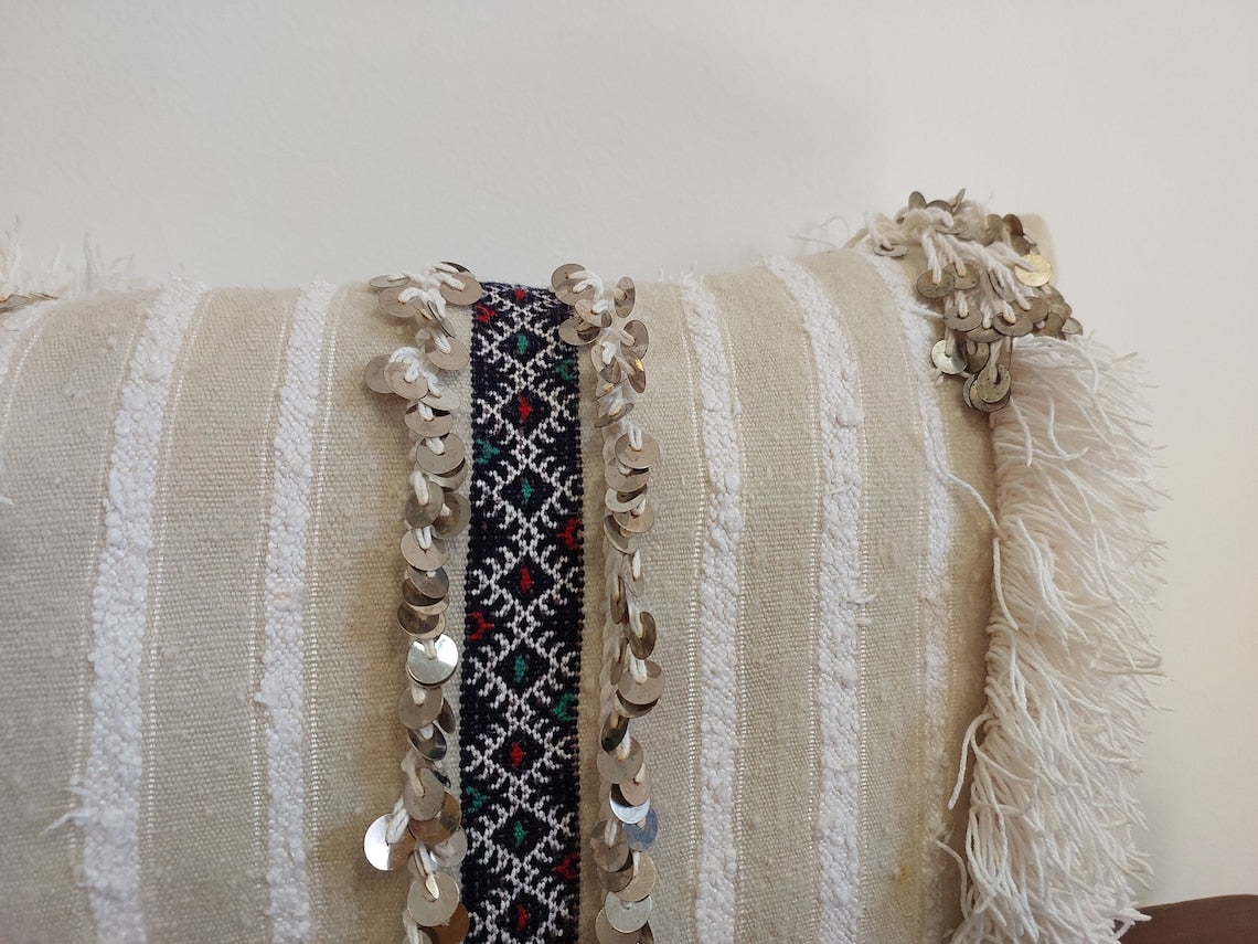 Handmade From Authentic Berber Wedding Blanket, Handira Lumbar Pillow Case. Vintage Handira Lounge Pillow Case. 13"×31" MoroccanBazzArts