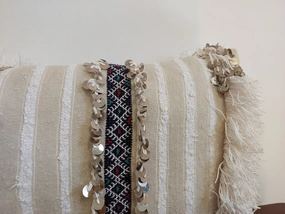 Handmade From Authentic Berber Wedding Blanket, Handira Lumbar Pillow Case. Vintage Handira Lounge Pillow Case. 13"×31" MoroccanBazzArts