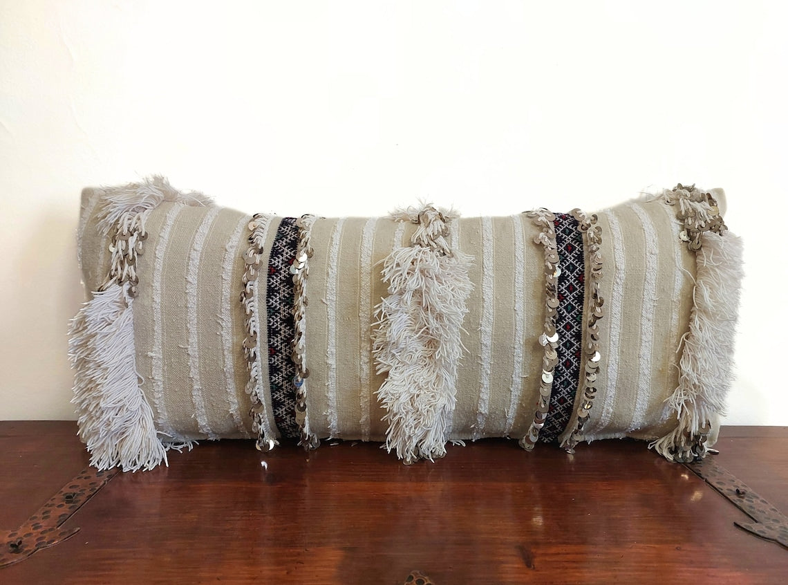 Handmade From Authentic Berber Wedding Blanket, Handira Lumbar Pillow Case. Vintage Handira Lounge Pillow Case. 13"×31" MoroccanBazzArts