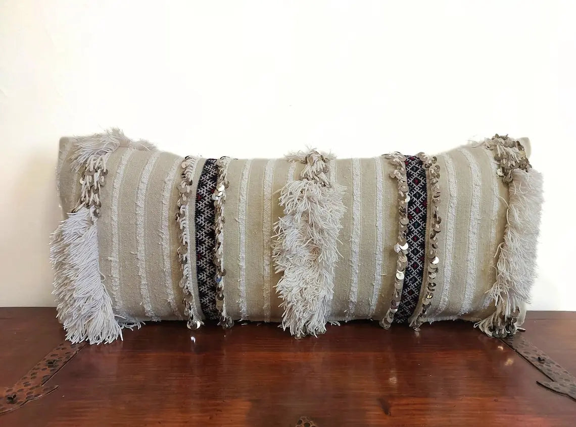 Handmade From Authentic Berber Wedding Blanket, Handira Lumbar Pillow Case. Vintage Handira Lounge Pillow Case. 13"×31" MoroccanBazzArts