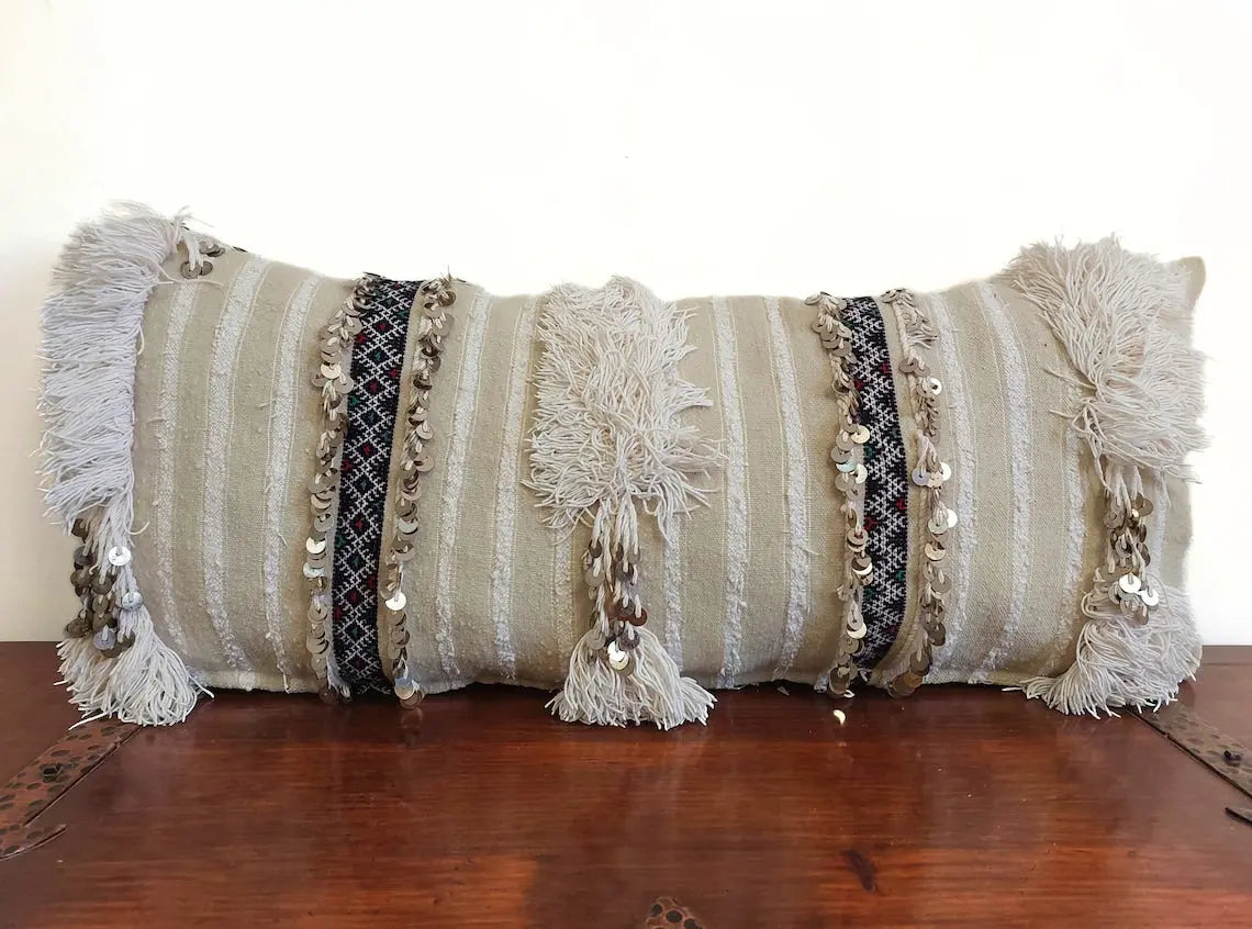 Handmade From Authentic Berber Wedding Blanket, Handira Lumbar Pillow Case. Vintage Handira Lounge Pillow Case. 13"×31" MoroccanBazzArts
