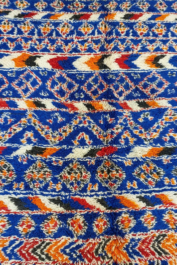 Moroccan Area Rug Wool Blue Berber: Handwoven Beni Cream Textured Vintage Designer Carpet MoroccanBazzArts