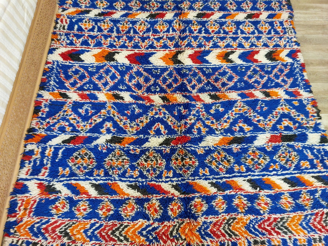 Moroccan Area Rug Wool Blue Berber: Handwoven Beni Cream Textured Vintage Designer Carpet MoroccanBazzArts