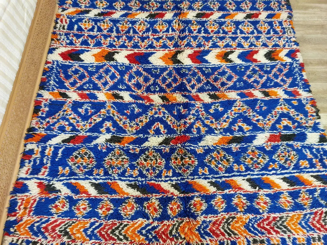 Moroccan Area Rug Wool Blue Berber: Handwoven Beni Cream Textured Vintage Designer Carpet MoroccanBazzArts