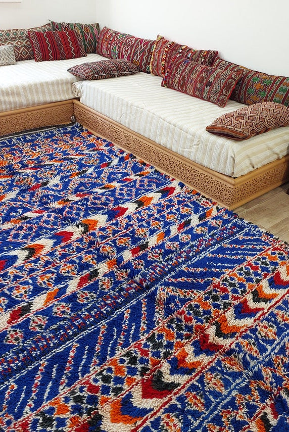 Moroccan Area Rug Wool Blue Berber: Handwoven Beni Cream Textured Vintage Designer Carpet MoroccanBazzArts