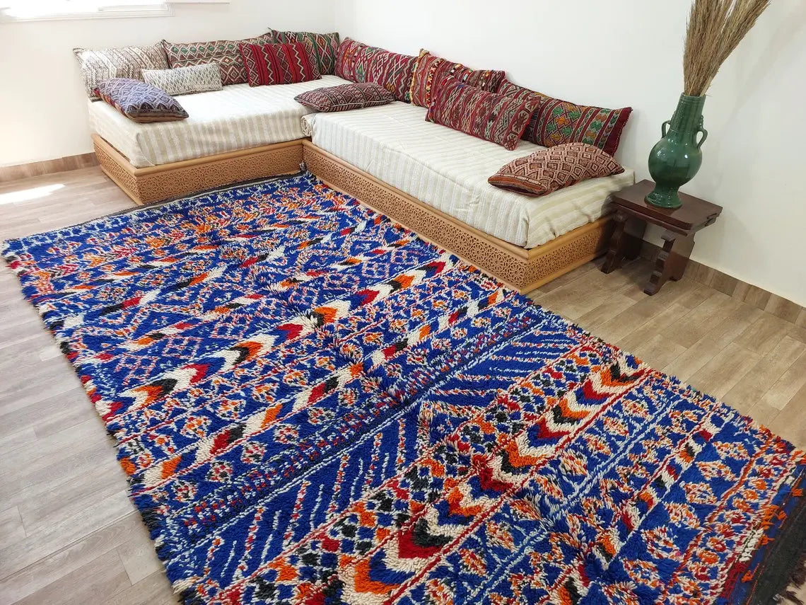 Moroccan Area Rug Wool Blue Berber: Handwoven Beni Cream Textured Vintage Designer Carpet MoroccanBazzArts