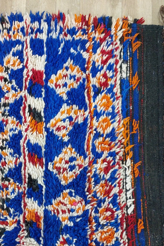 Moroccan Area Rug Wool Blue Berber: Handwoven Beni Cream Textured Vintage Designer Carpet MoroccanBazzArts