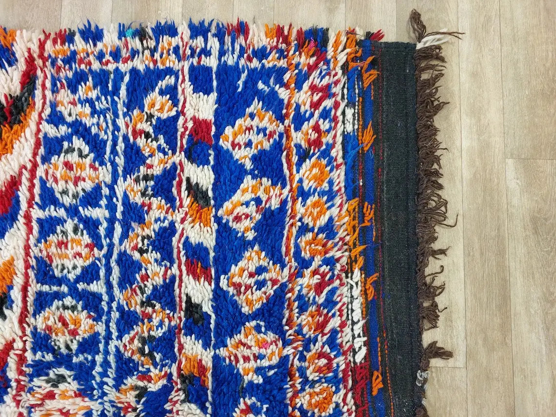 Moroccan Area Rug Wool Blue Berber: Handwoven Beni Cream Textured Vintage Designer Carpet MoroccanBazzArts