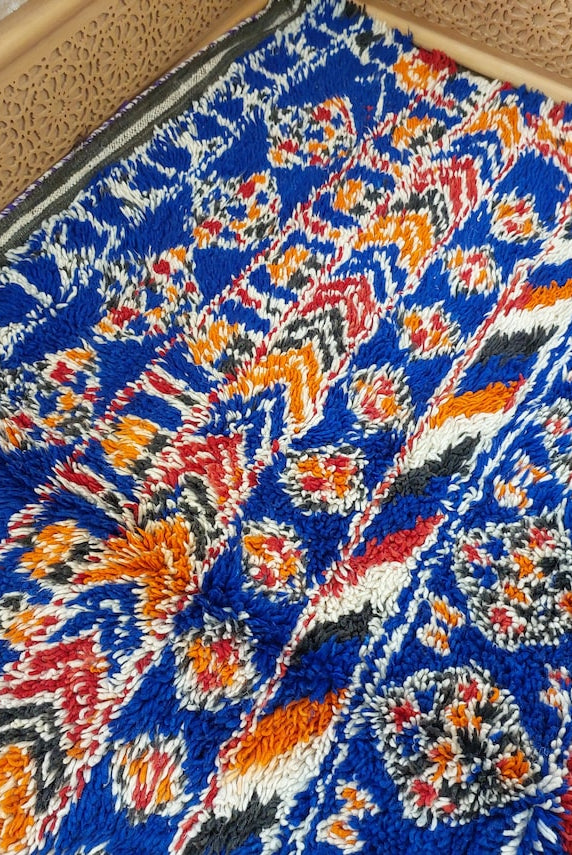 Moroccan Area Rug Wool Blue Berber: Handwoven Beni Cream Textured Vintage Designer Carpet MoroccanBazzArts