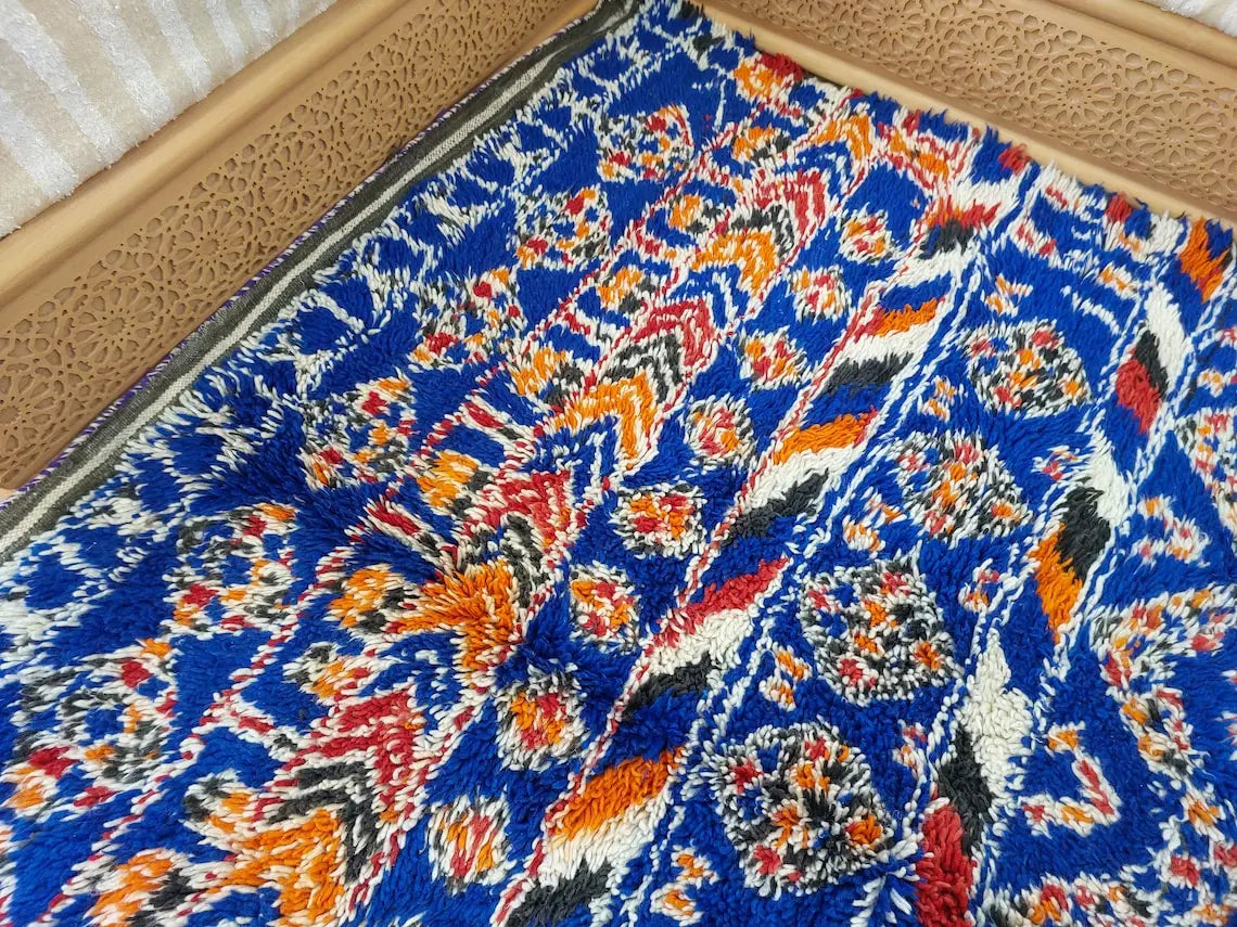 Moroccan Area Rug Wool Blue Berber: Handwoven Beni Cream Textured Vintage Designer Carpet MoroccanBazzArts
