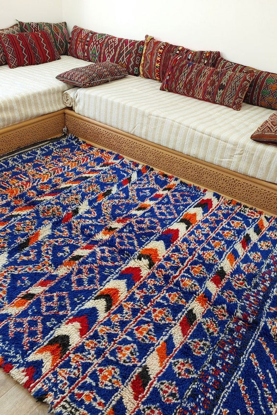 Moroccan Area Rug Wool Blue Berber: Handwoven Beni Cream Textured Vintage Designer Carpet MoroccanBazzArts
