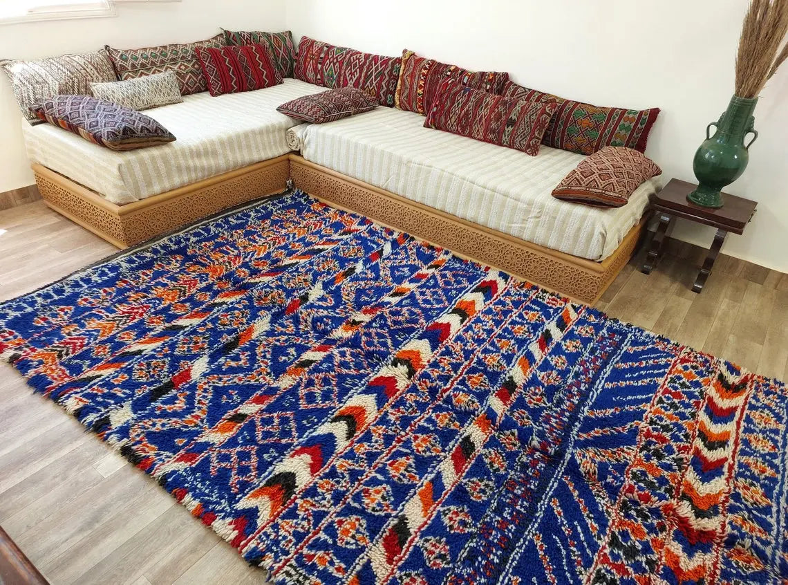 Moroccan Area Rug Wool Blue Berber: Handwoven Beni Cream Textured Vintage Designer Carpet MoroccanBazzArts