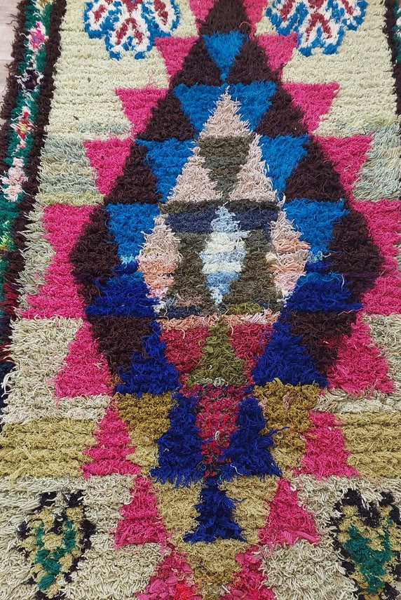 Small Boucherouite Rug , Moroccan Rug Runner - Vintage Azilal Rug - Hand Woven Berber Carpet - Moroccan Rug 100 X 216 cm MoroccanBazzArts
