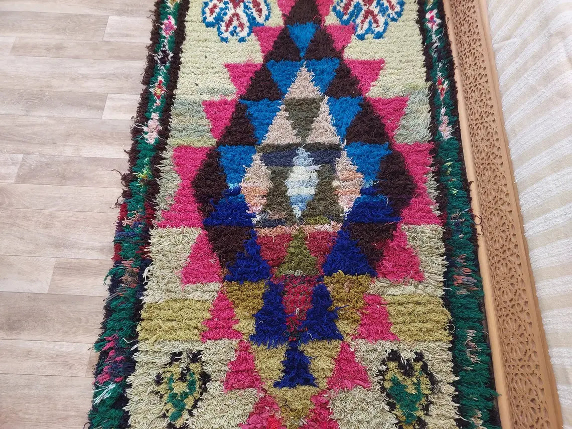 Small Boucherouite Rug , Moroccan Rug Runner - Vintage Azilal Rug - Hand Woven Berber Carpet - Moroccan Rug 100 X 216 cm MoroccanBazzArts