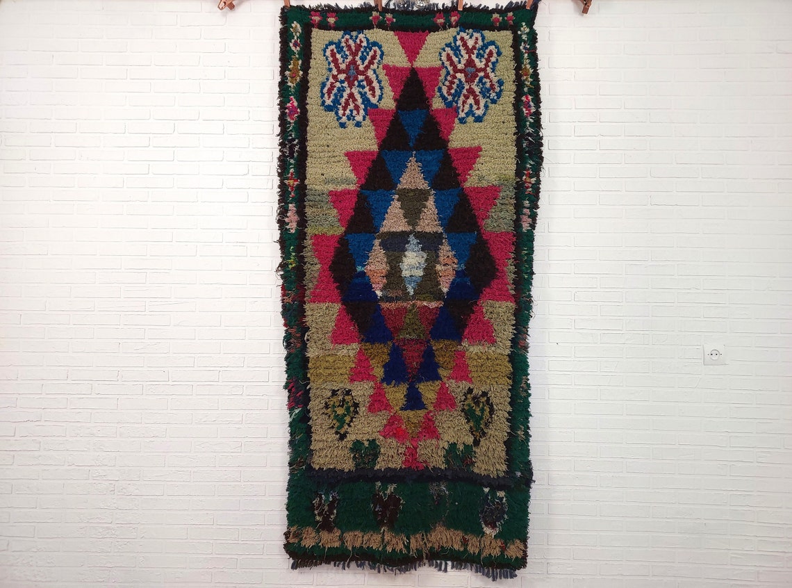Small Boucherouite Rug , Moroccan Rug Runner - Vintage Azilal Rug - Hand Woven Berber Carpet - Moroccan Rug 100 X 216 cm MoroccanBazzArts