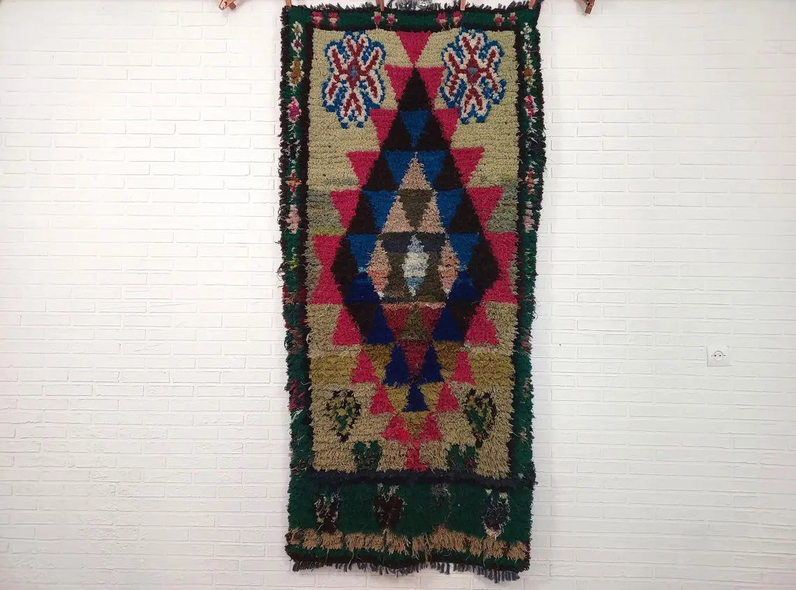Small Boucherouite Rug , Moroccan Rug Runner - Vintage Azilal Rug - Hand Woven Berber Carpet - Moroccan Rug 100 X 216 cm MoroccanBazzArts